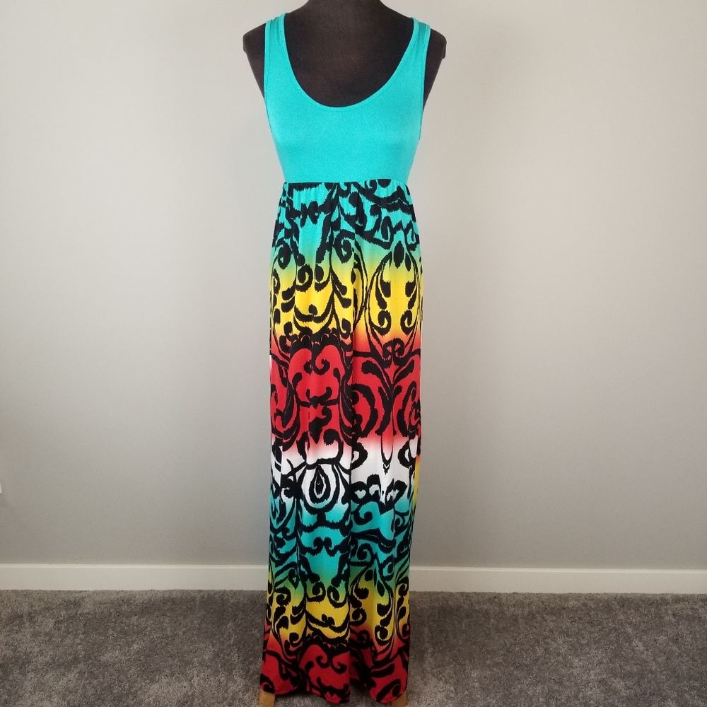 Vibrant colorful sleeveless maxi dress
